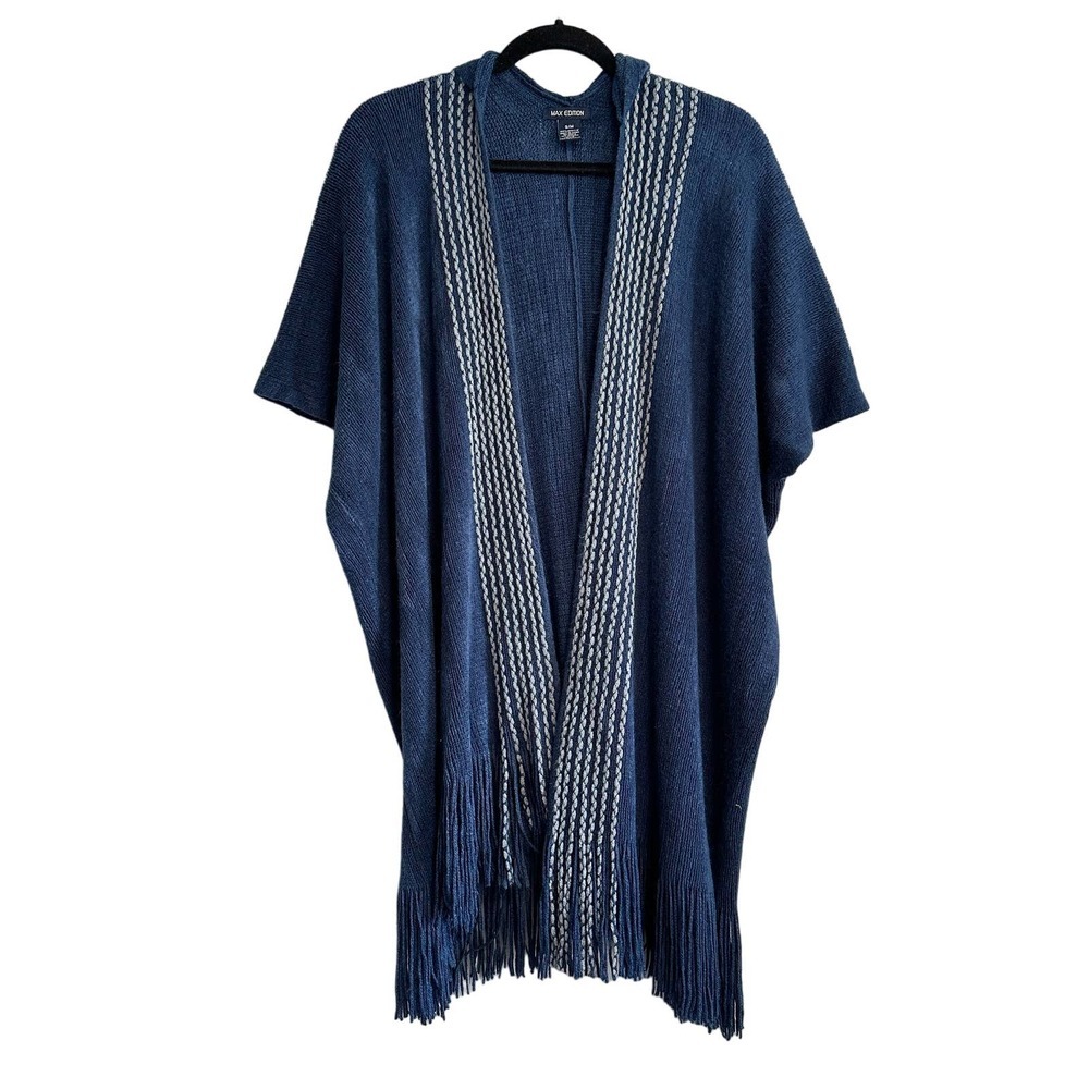 Max Edition Boho Open Front Soft Fringe Trim Blue Hooded Poncho Size S/M